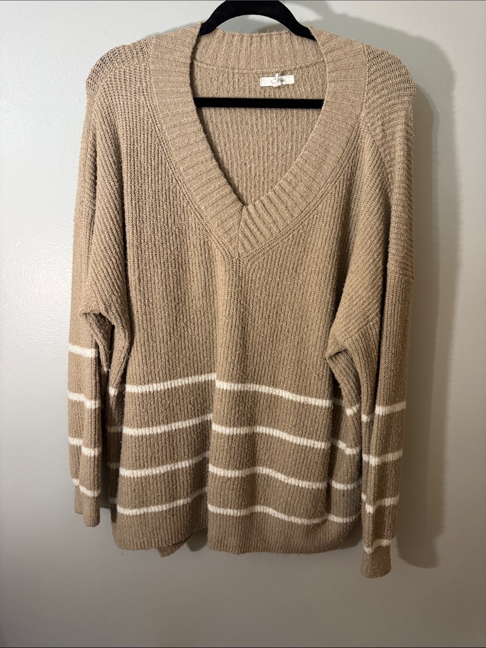 Maurices Taupe V-Neck Sweater with White Stripes